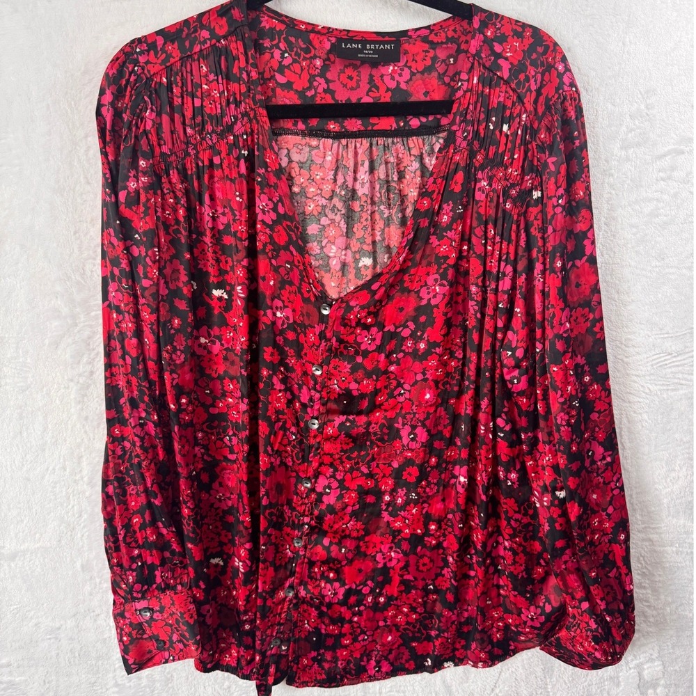 Lane Bryant‎ Women's Red Floral Print Button Up V Neck Blouse SZ 18/20